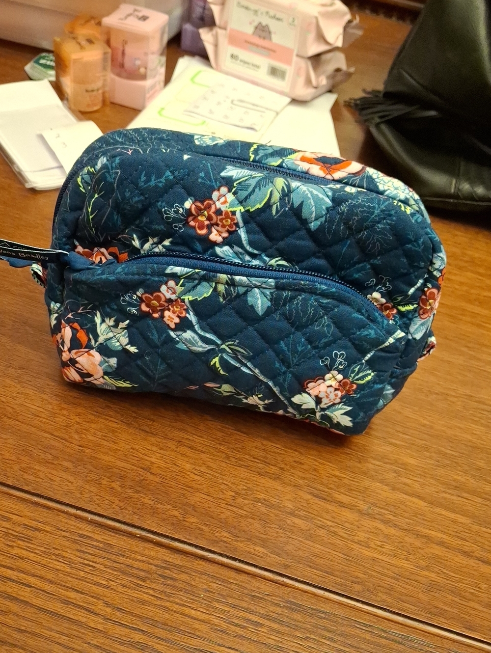 Vera Bradley Quilted Floral Cosmetic Pouch - Rose Tolie Navy Blue NWOT